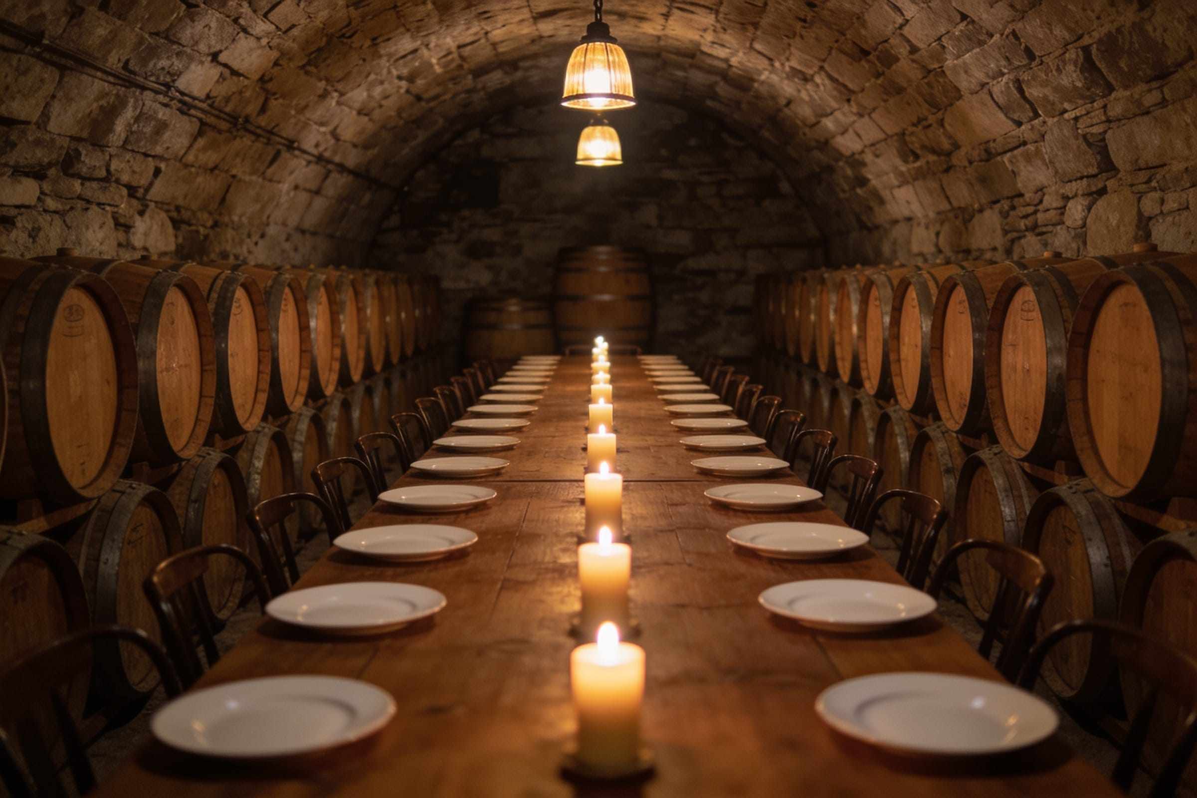 A long candlelit table for twenty set under a stone vault lined with oak barrels.