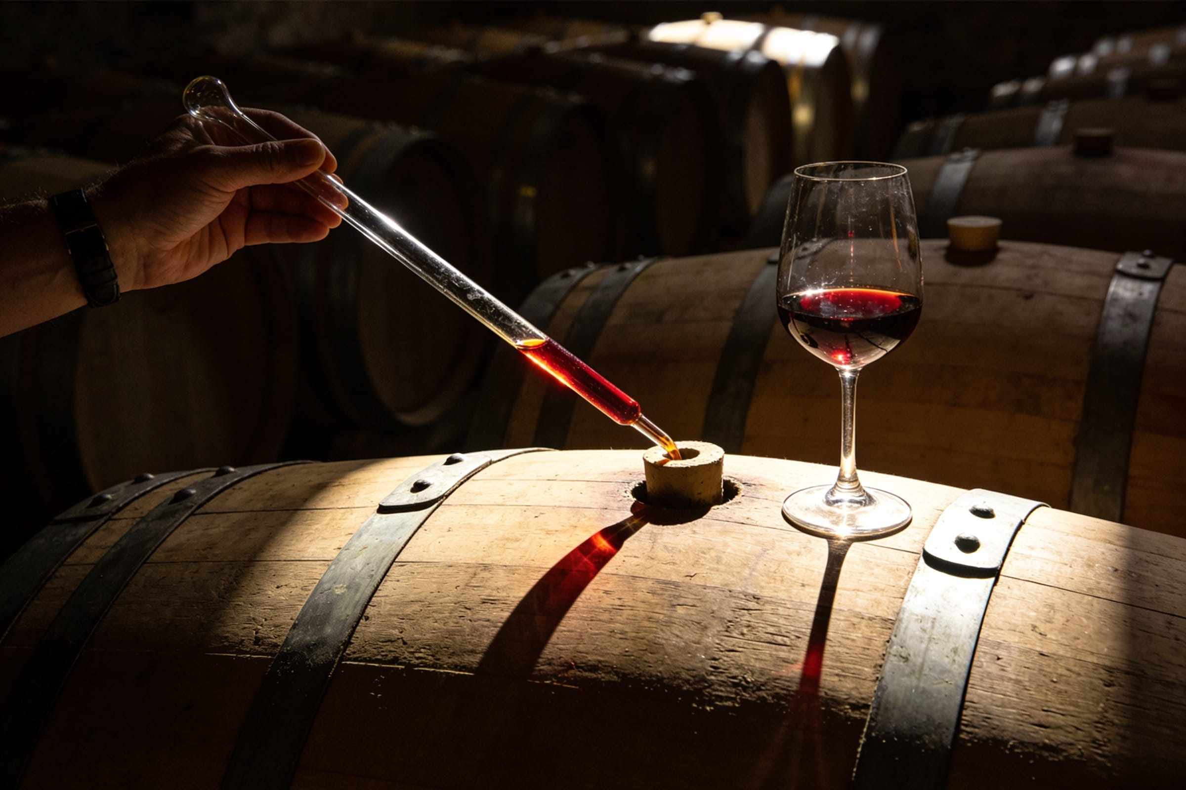 A hand lifting a glass wine thief full of red wine from the bung of an oak barrel, a tasting glass waiting beside it in a shaft of light.