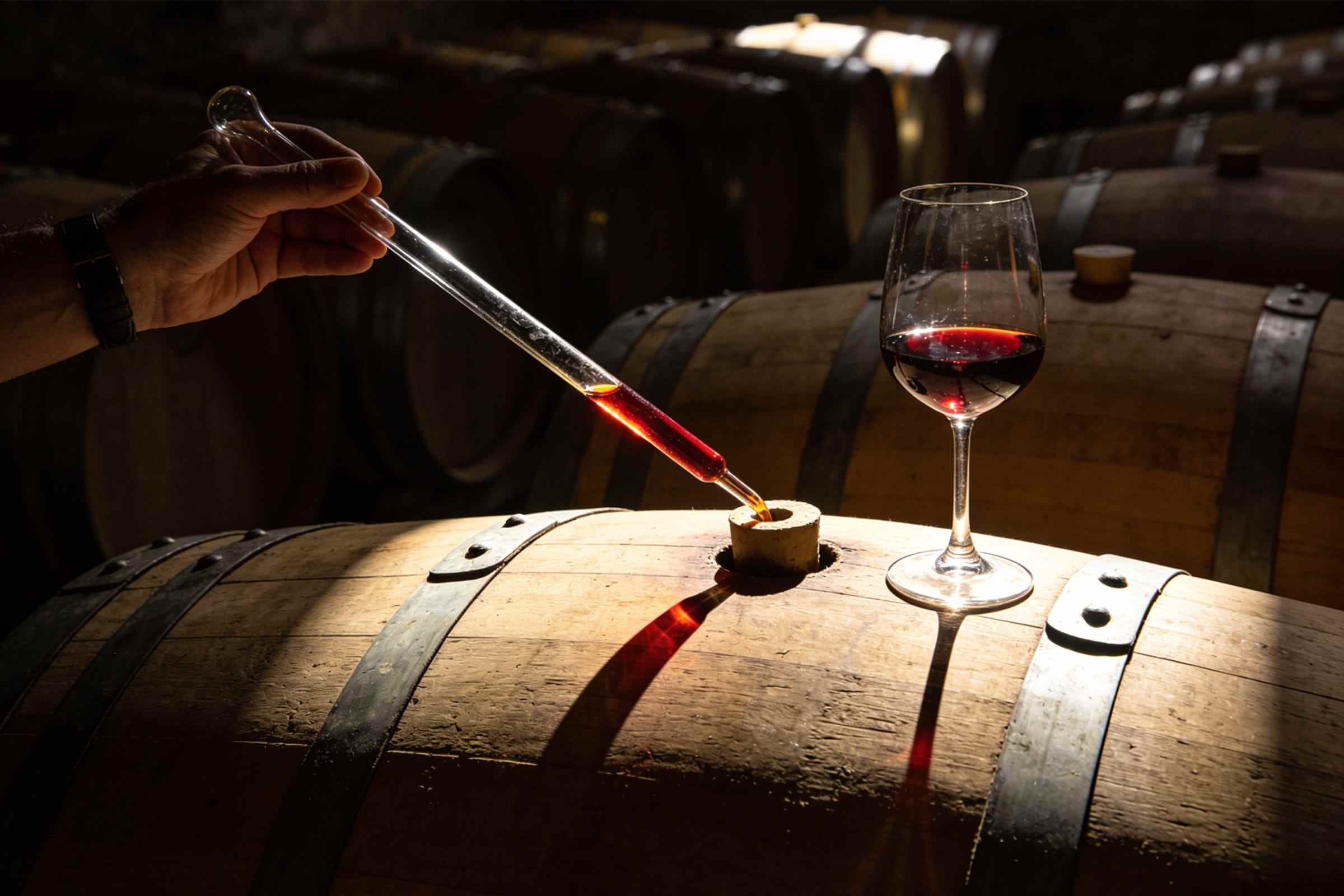 A hand lifting a glass wine thief full of deep red wine from the bung of an oak barrel, a tasting glass waiting beside it.