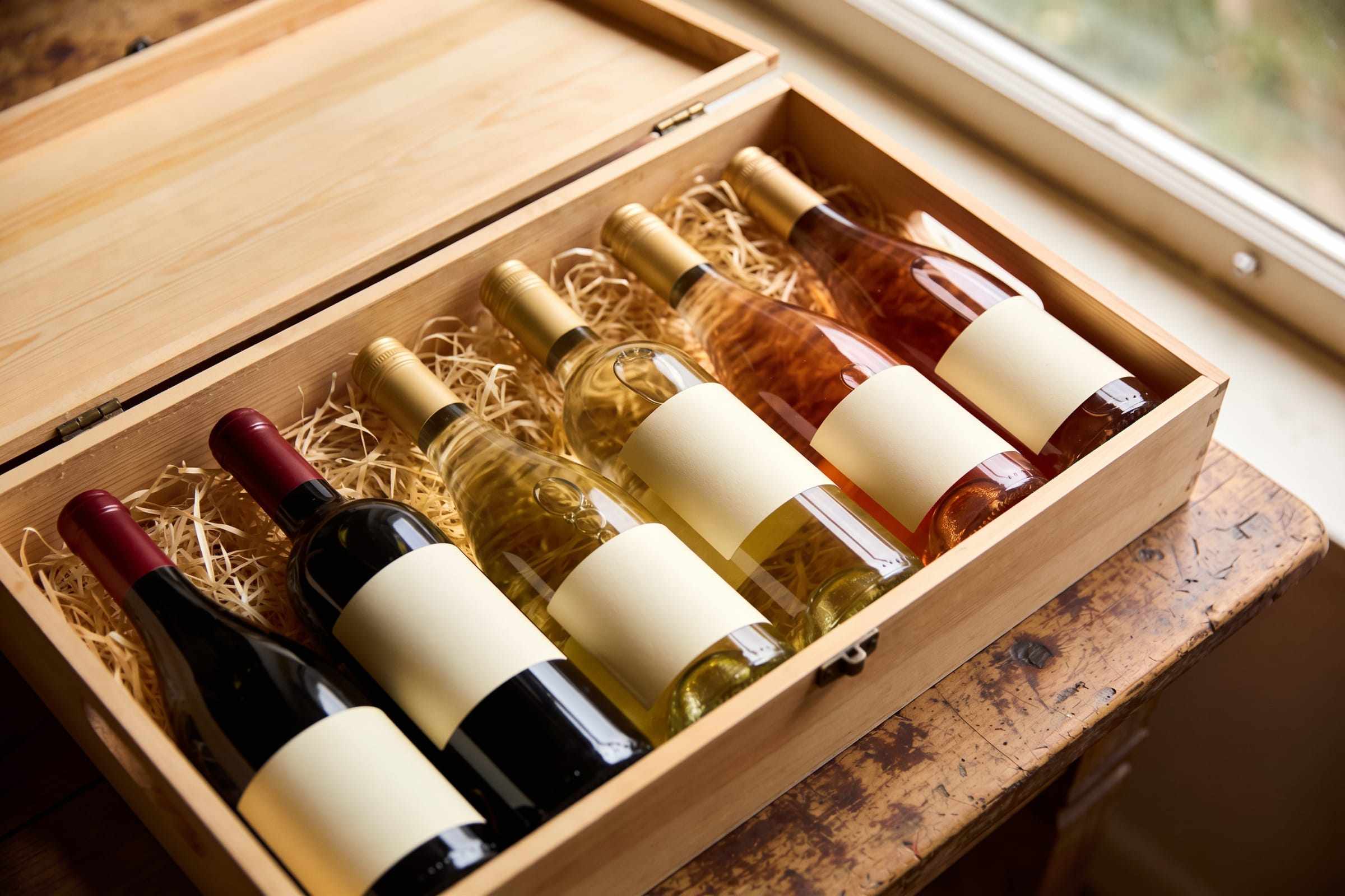 An open wooden case of six wine bottles, red, white and rosé, bedded in straw on an old oak table by a window.