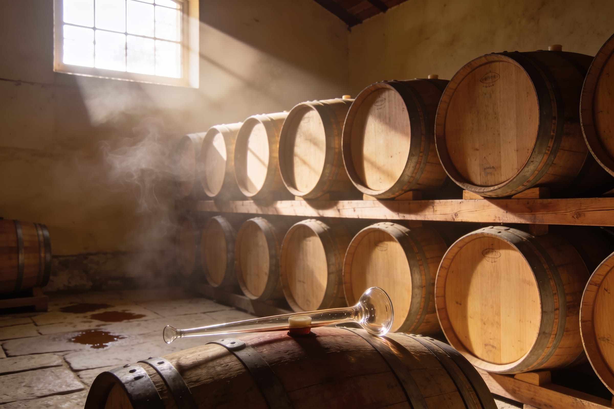 French oak barrels in two tiers on wooden racks, a glass wine thief resting on a barrel in a shaft of window light.