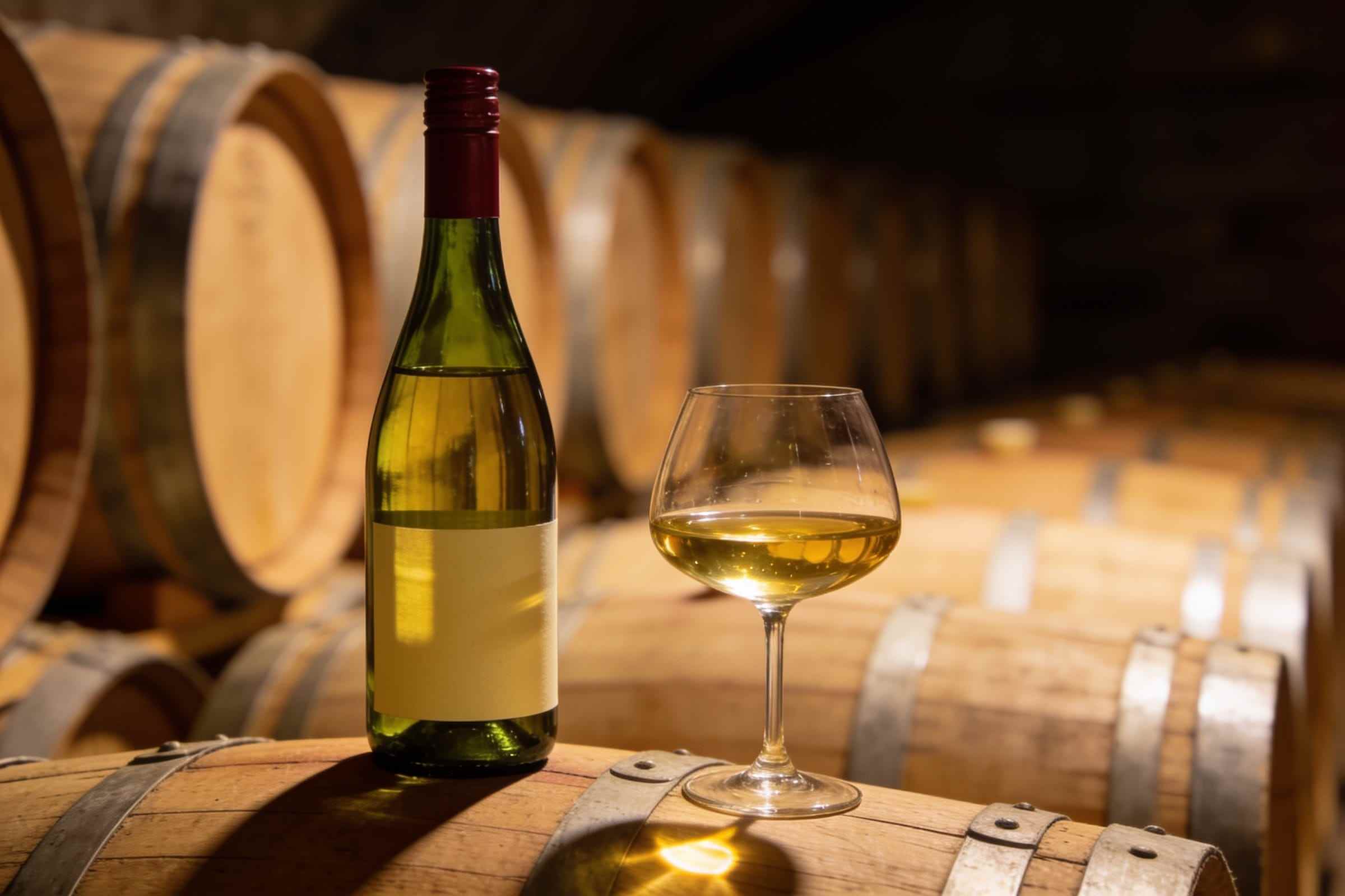 A bottle of white wine with a plain cream label on top of an oak barrel beside a wide glass of golden chardonnay, rows of barrels behind.