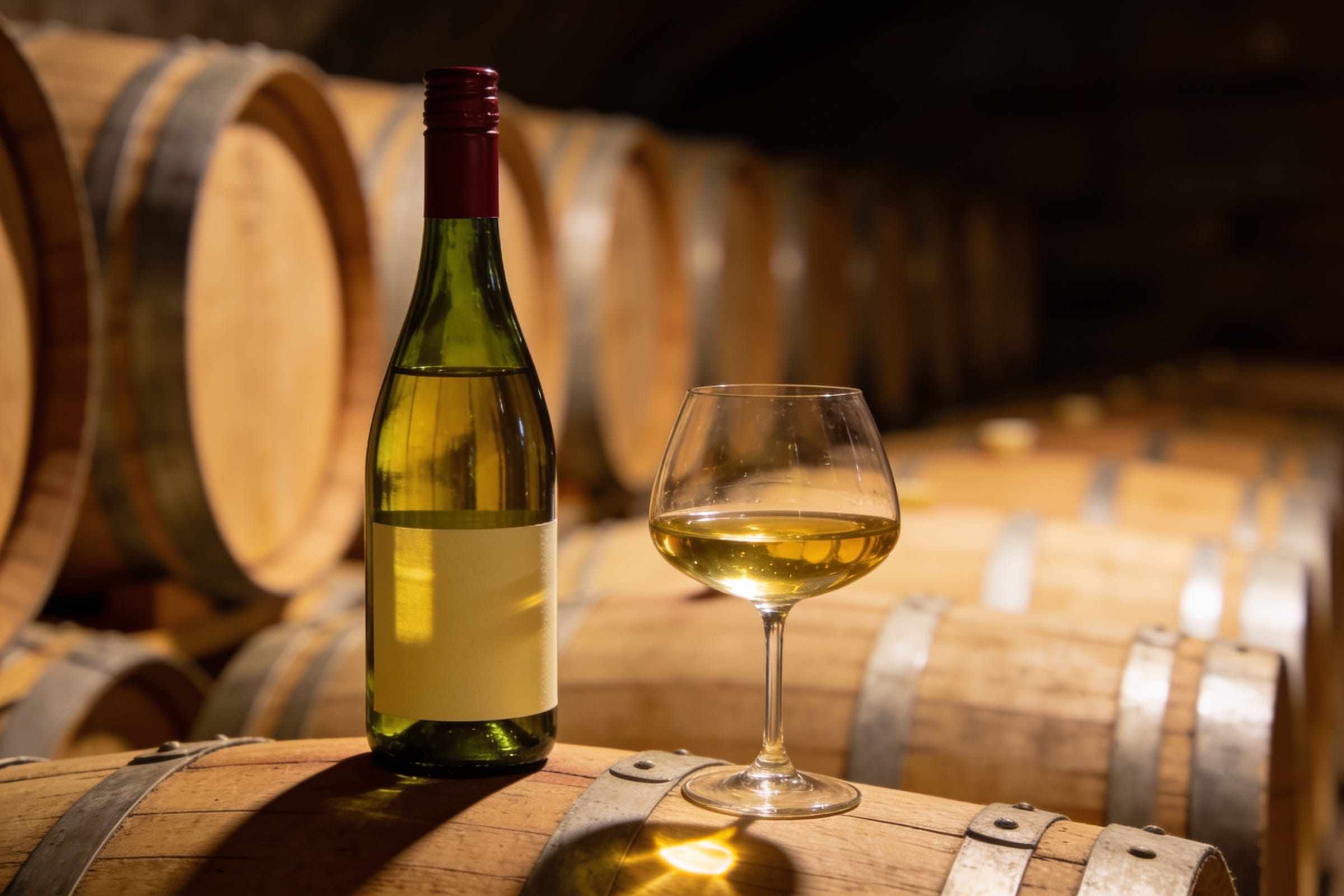 A bottle of white wine with a plain cream label on top of an oak barrel beside a wide glass of golden chardonnay, rows of barrels behind.