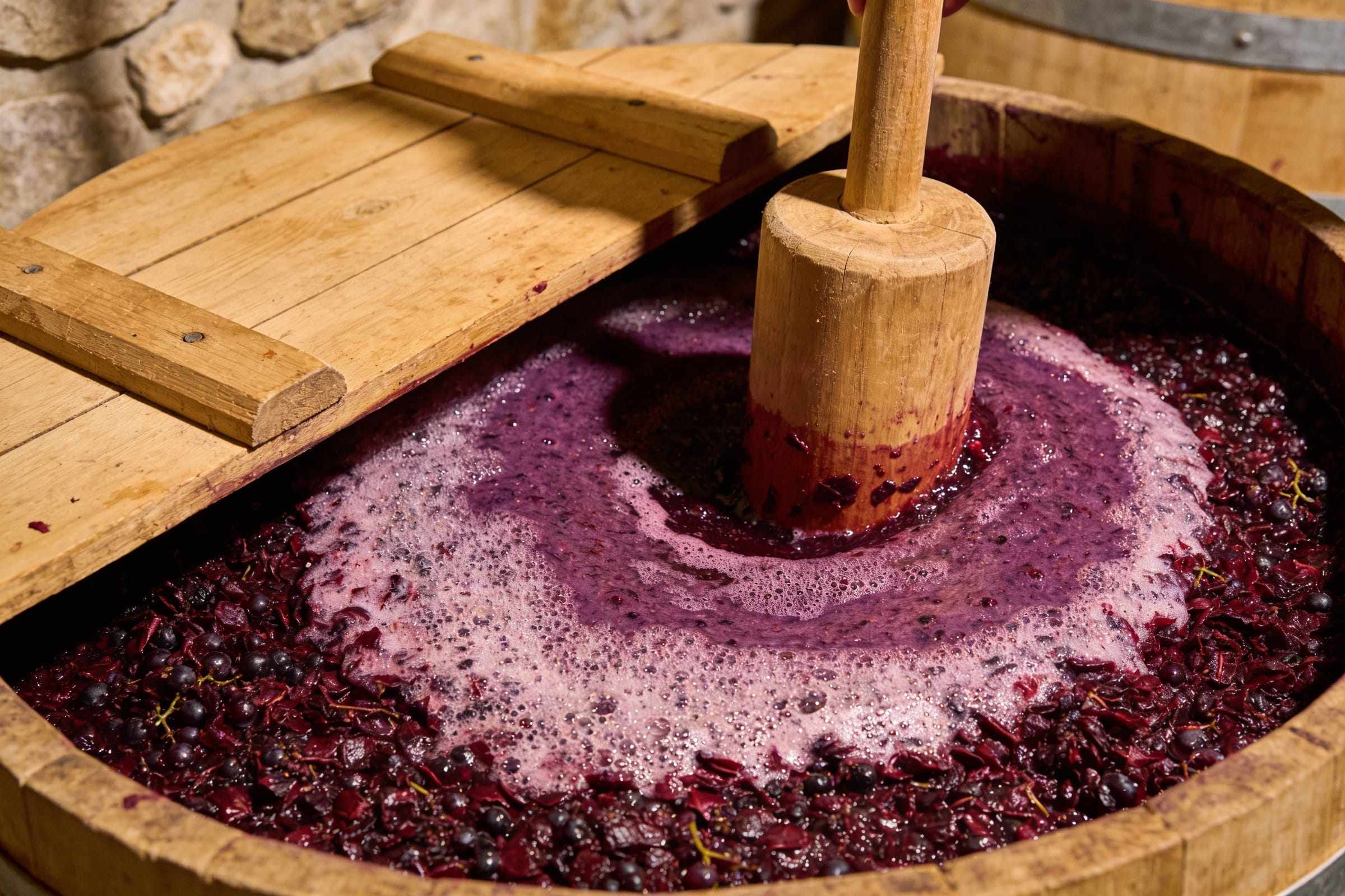 Looking down into an open oak fermenter full of crushed dark grapes with a purple cap of skins and foam, a wooden plunger pressing into it.