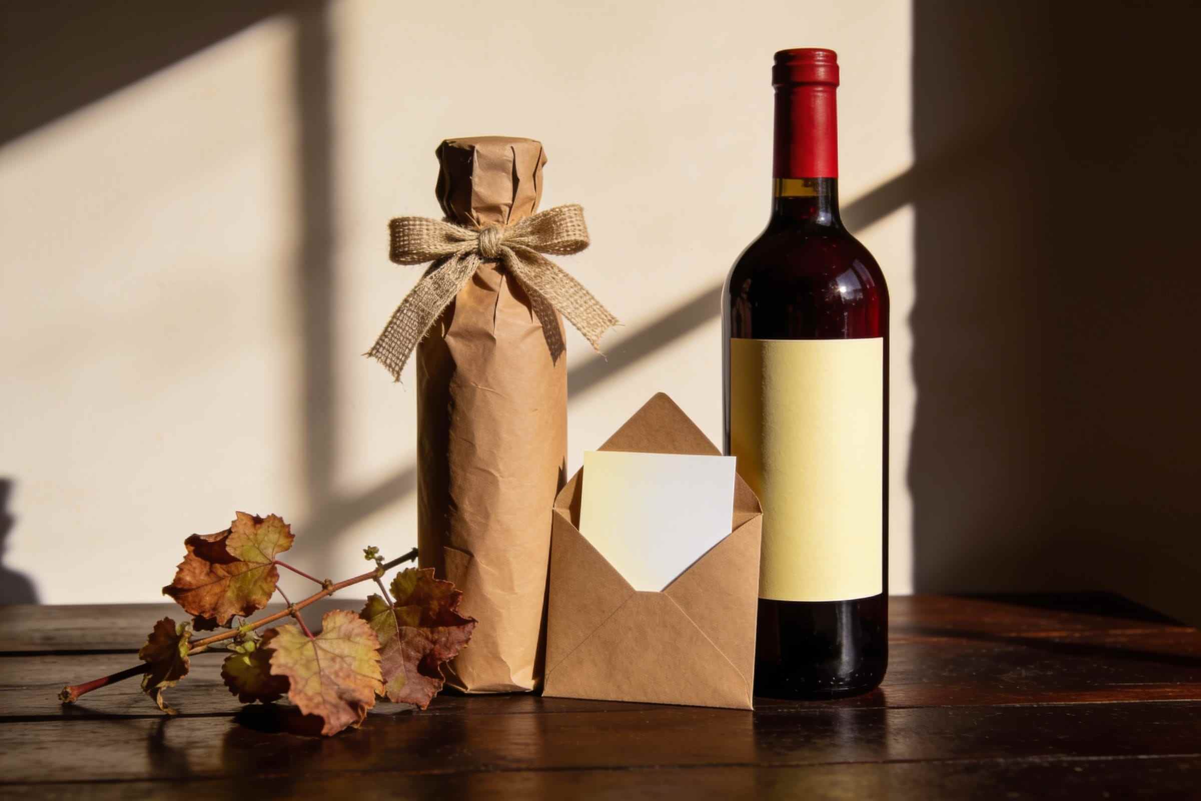 A bottle wrapped in brown paper with a burlap bow beside a bottle of red and a blank card in a kraft envelope, a sprig of autumn vine leaves on the table.