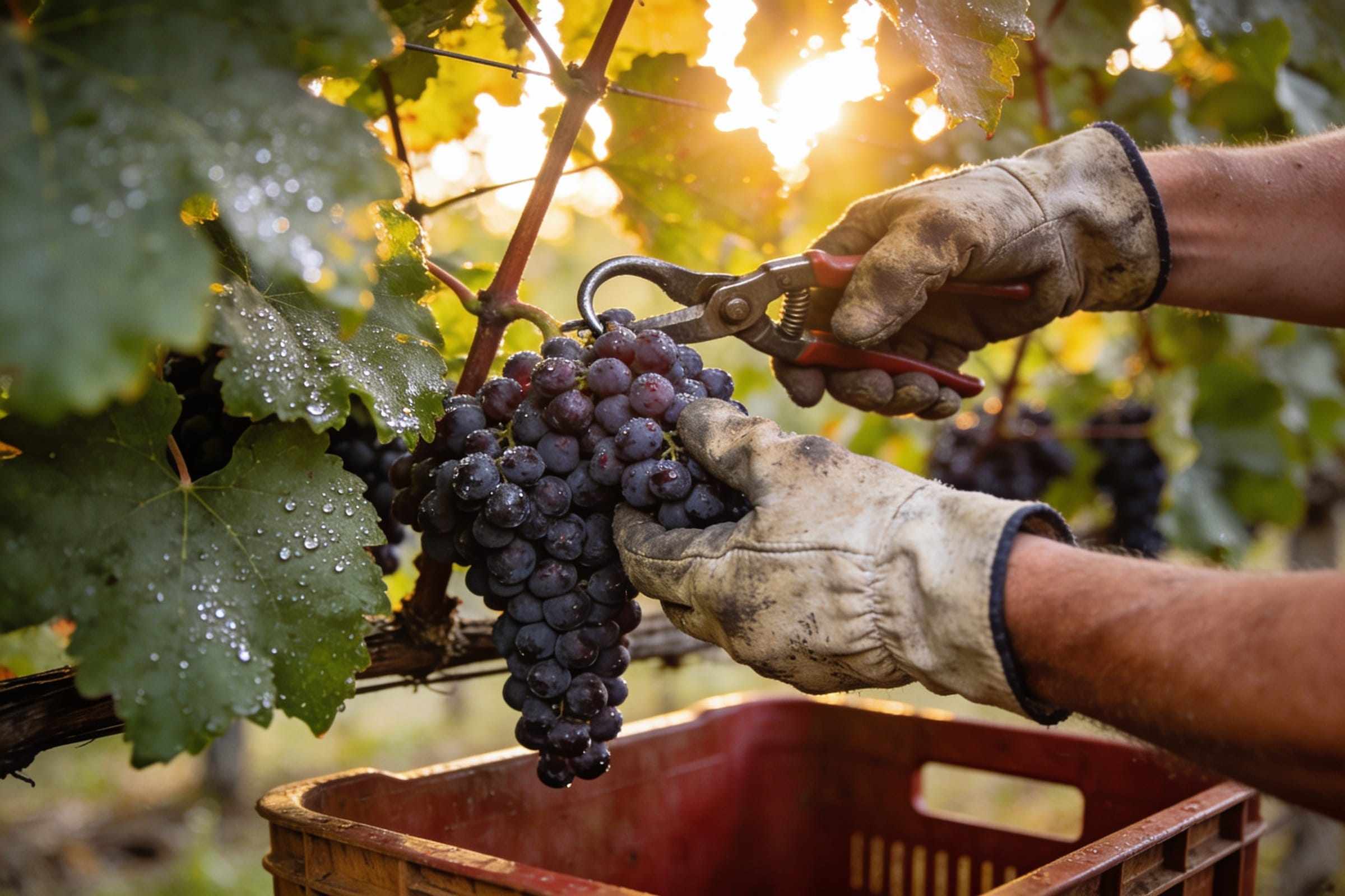 Gloved hands cutting a heavy bunch of dark grapes from the vine into a crate in early sunlight.