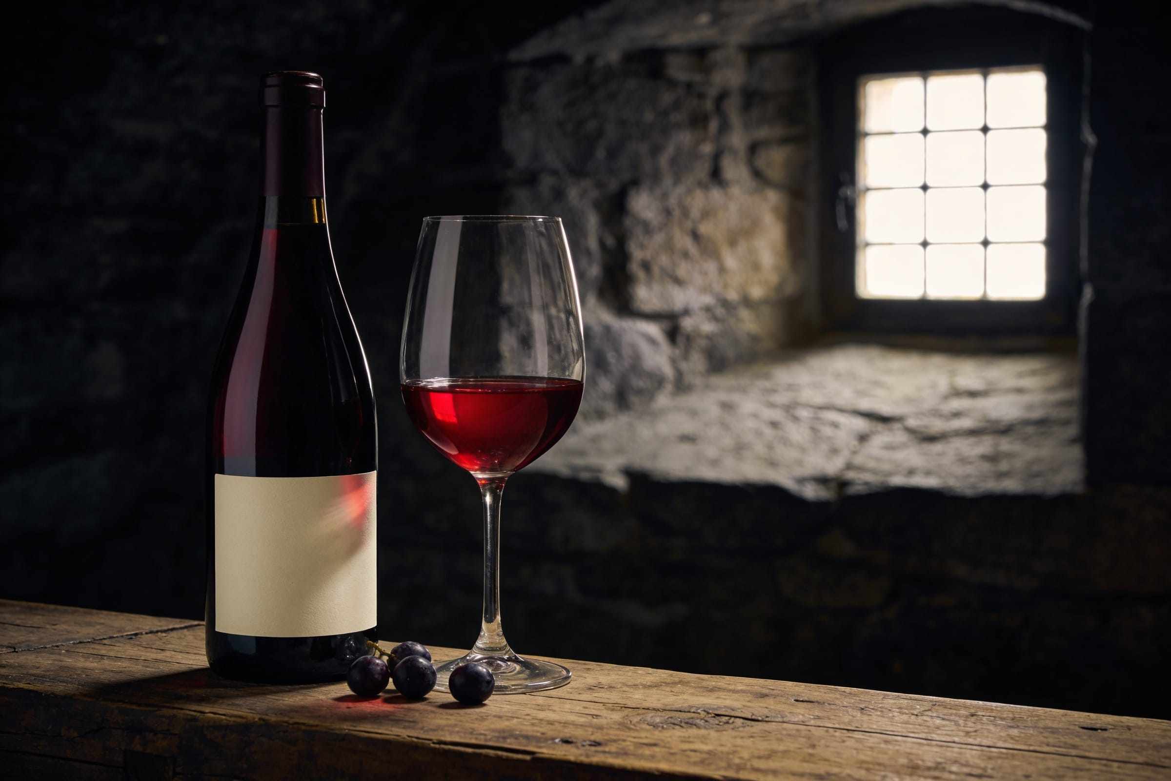 A bottle of red wine with a plain label beside a large glass of translucent ruby pinot noir glowing in light from a small cellar window.