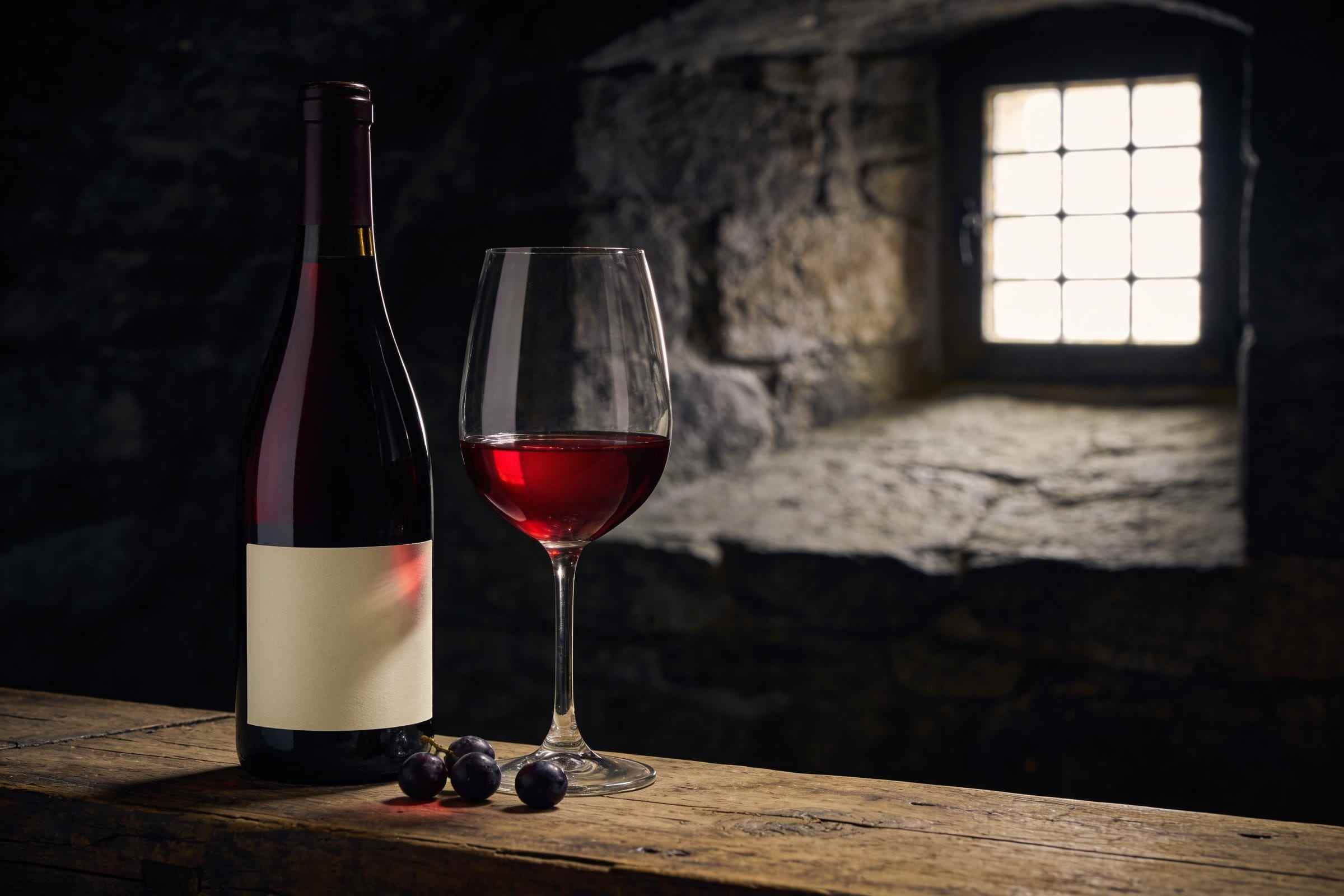 A bottle of red wine with a plain label beside a large glass of translucent ruby pinot noir glowing in light from a small cellar window.