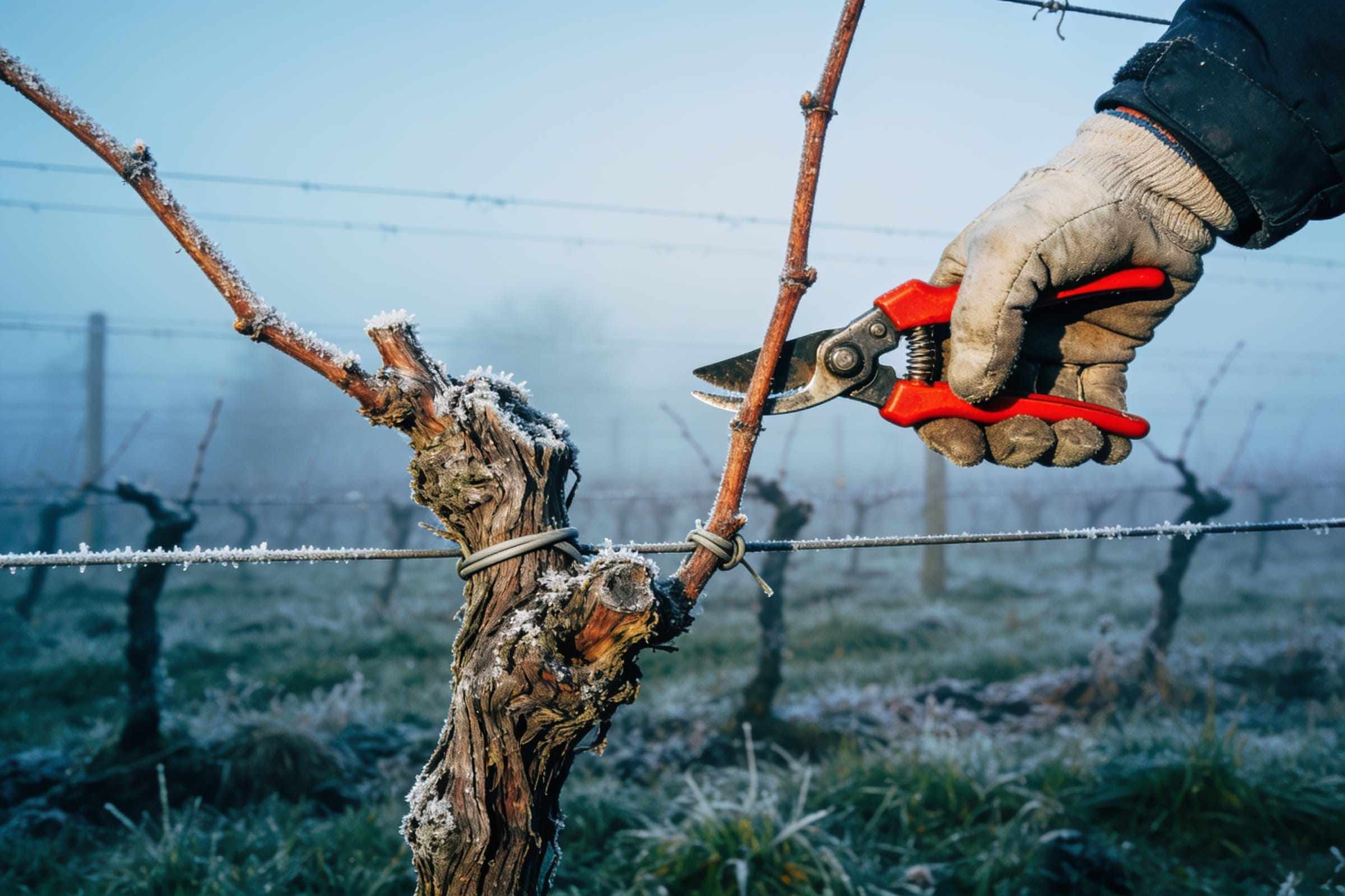 A gloved hand pruning a frosted vine cane with red-handled secateurs in a misty winter vineyard.