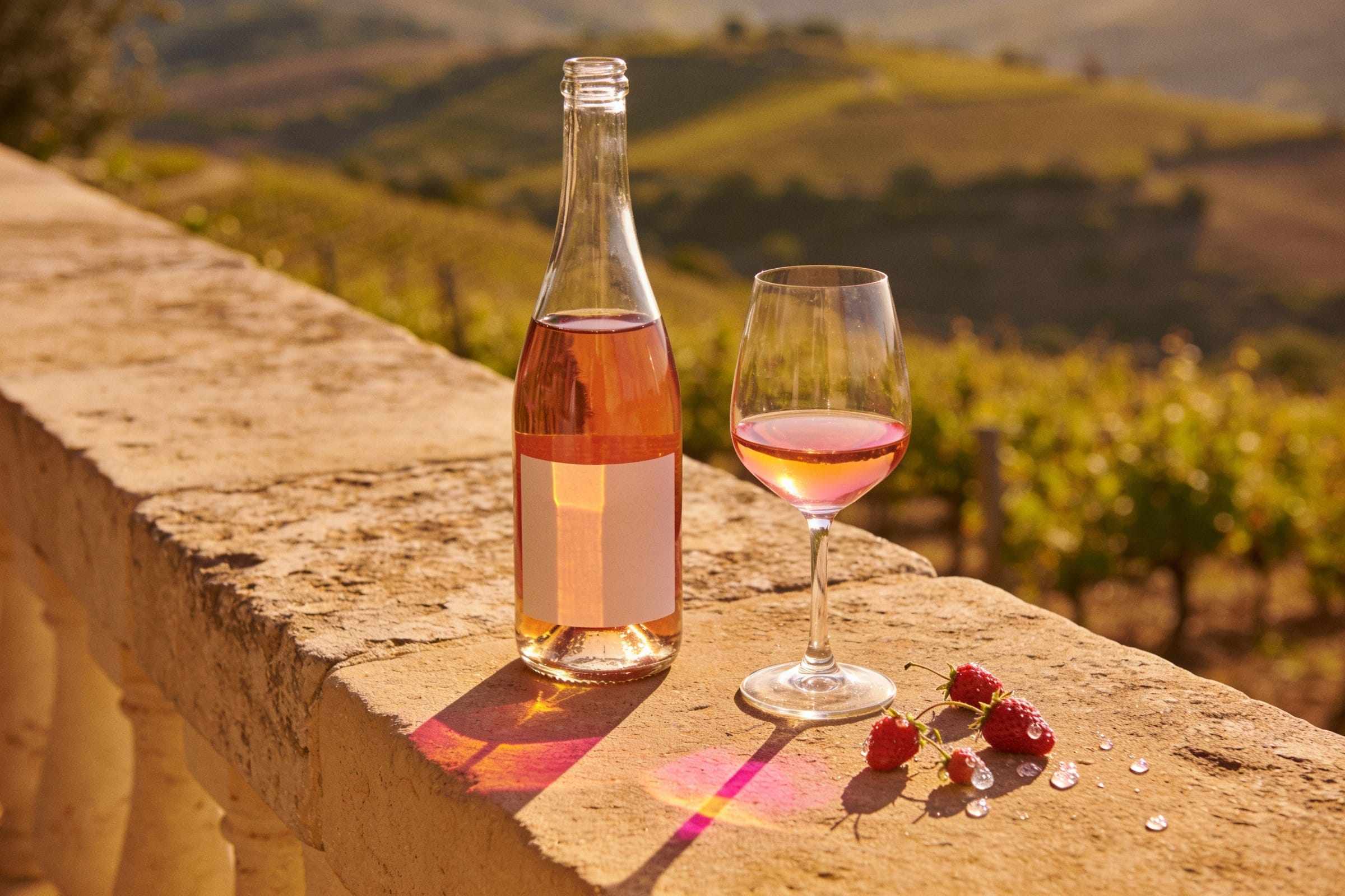 A clear bottle of pale coral rosé and a glass casting a pink shadow on a warm limestone wall, wild strawberries beside, vineyard hills behind.