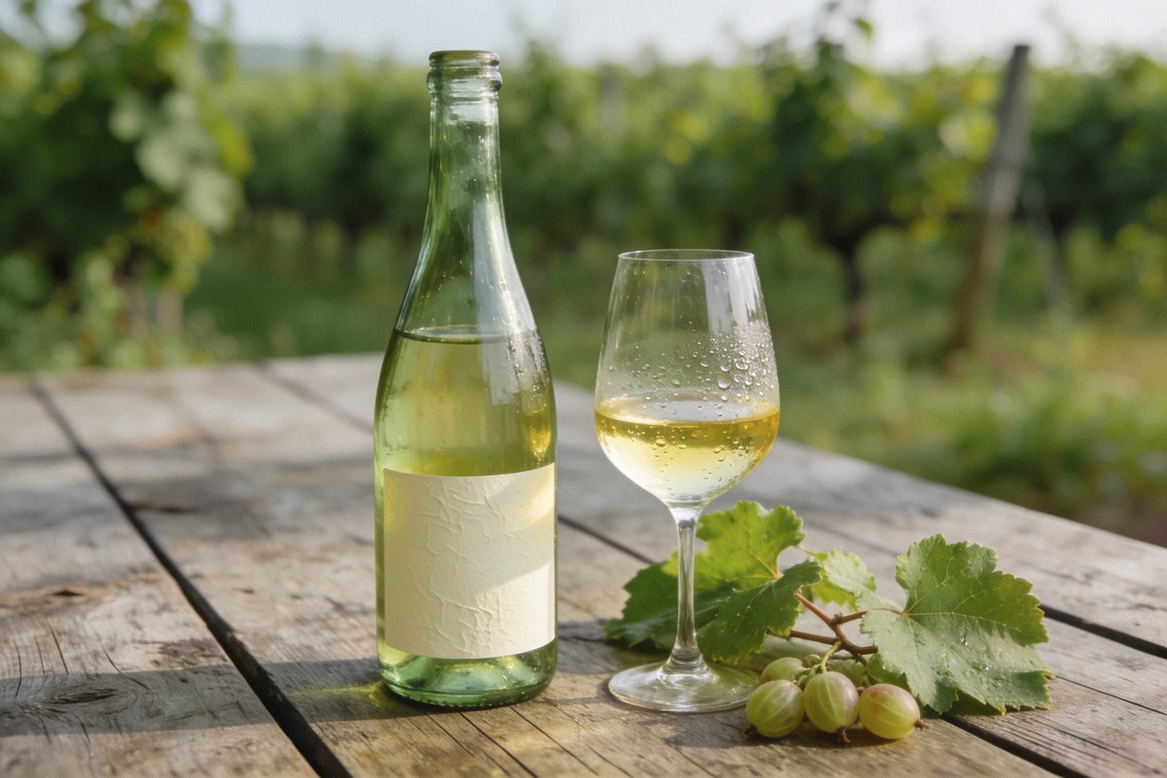 A bottle of white wine with a plain label and a glass of pale straw wine on a weathered table outdoors, vine leaves and gooseberries beside them.