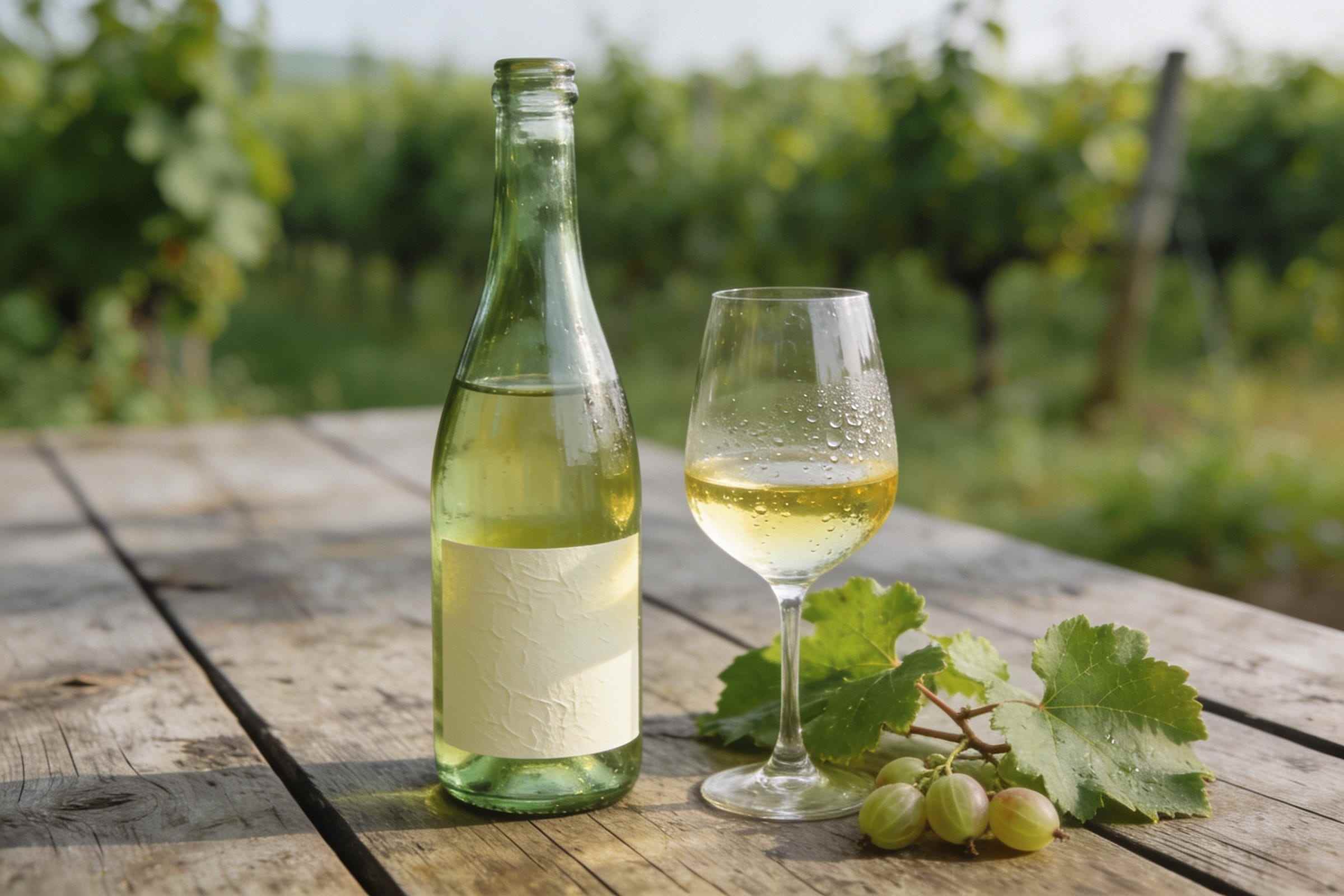 A bottle of white wine with a plain label and a glass of pale straw wine on a weathered table outdoors, vine leaves and gooseberries beside them.