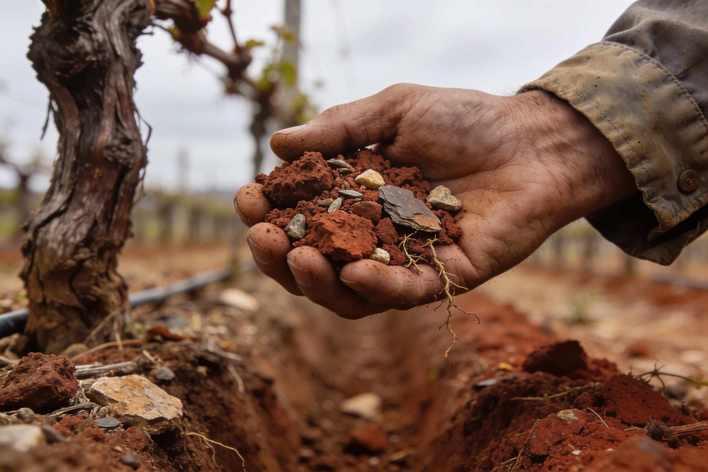 A weathered hand holding red stony vineyard soil with fragments of schist, an old vine trunk behind.