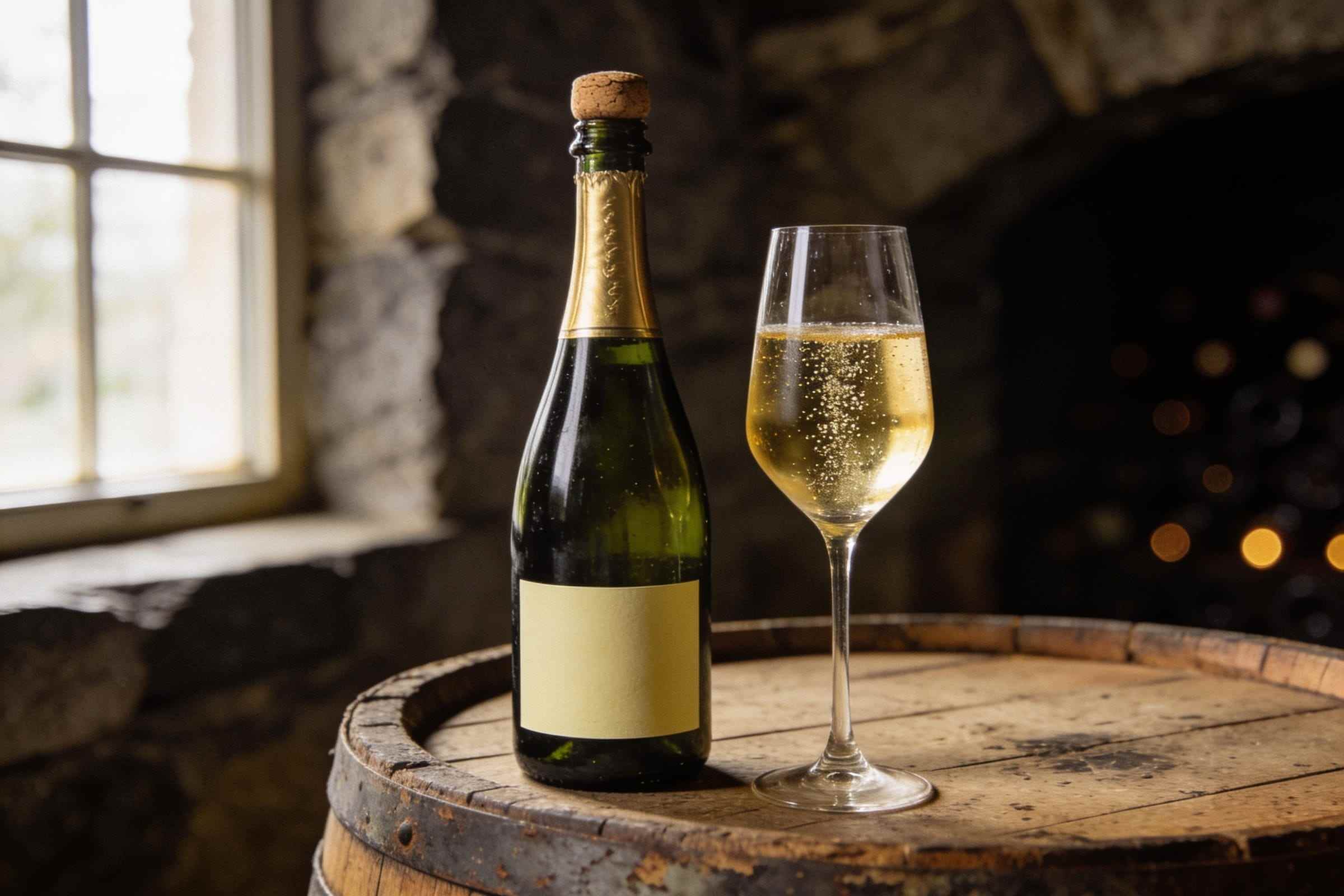 A bottle of sparkling wine with gold foil and a plain cream label on an old barrel head beside a tulip glass of pale gold bubbles, a stone cellar window behind.