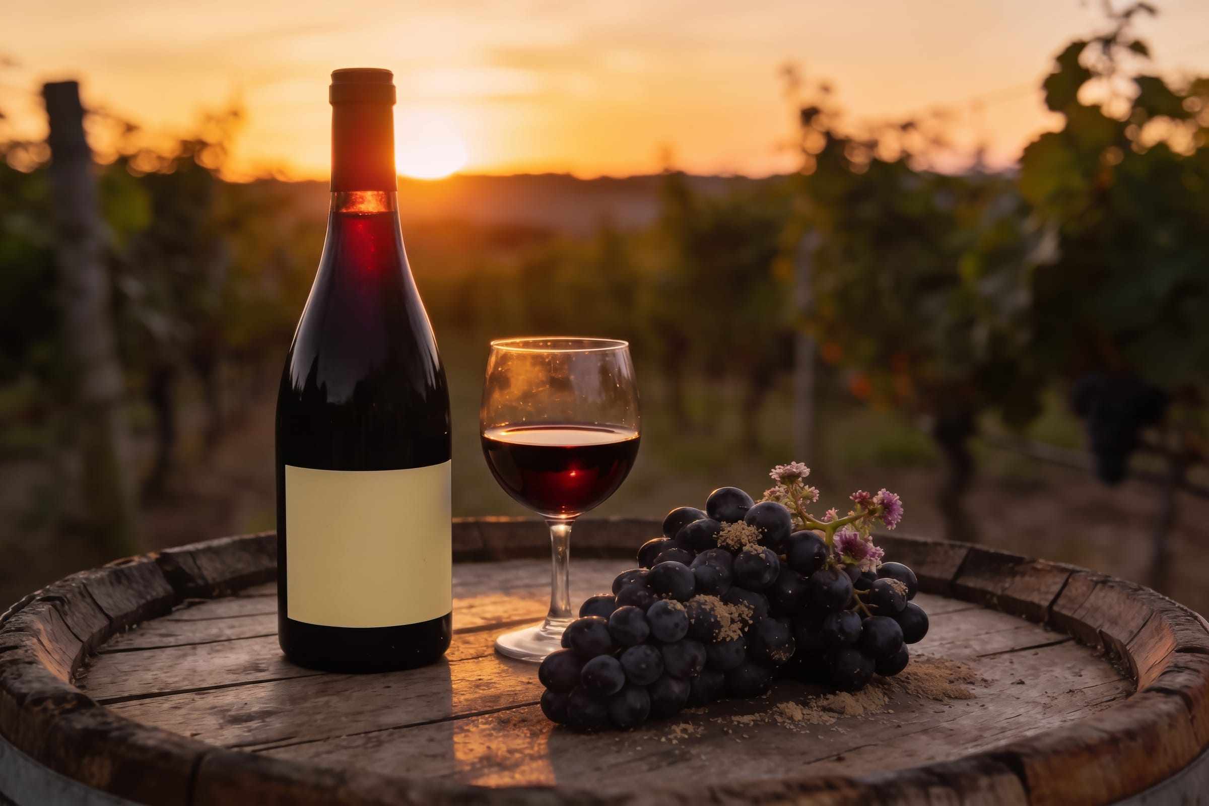 A dark bottle of red wine with a plain label and a glass of deep garnet syrah on a barrel head at sunset, a cluster of dark grapes beside it.
