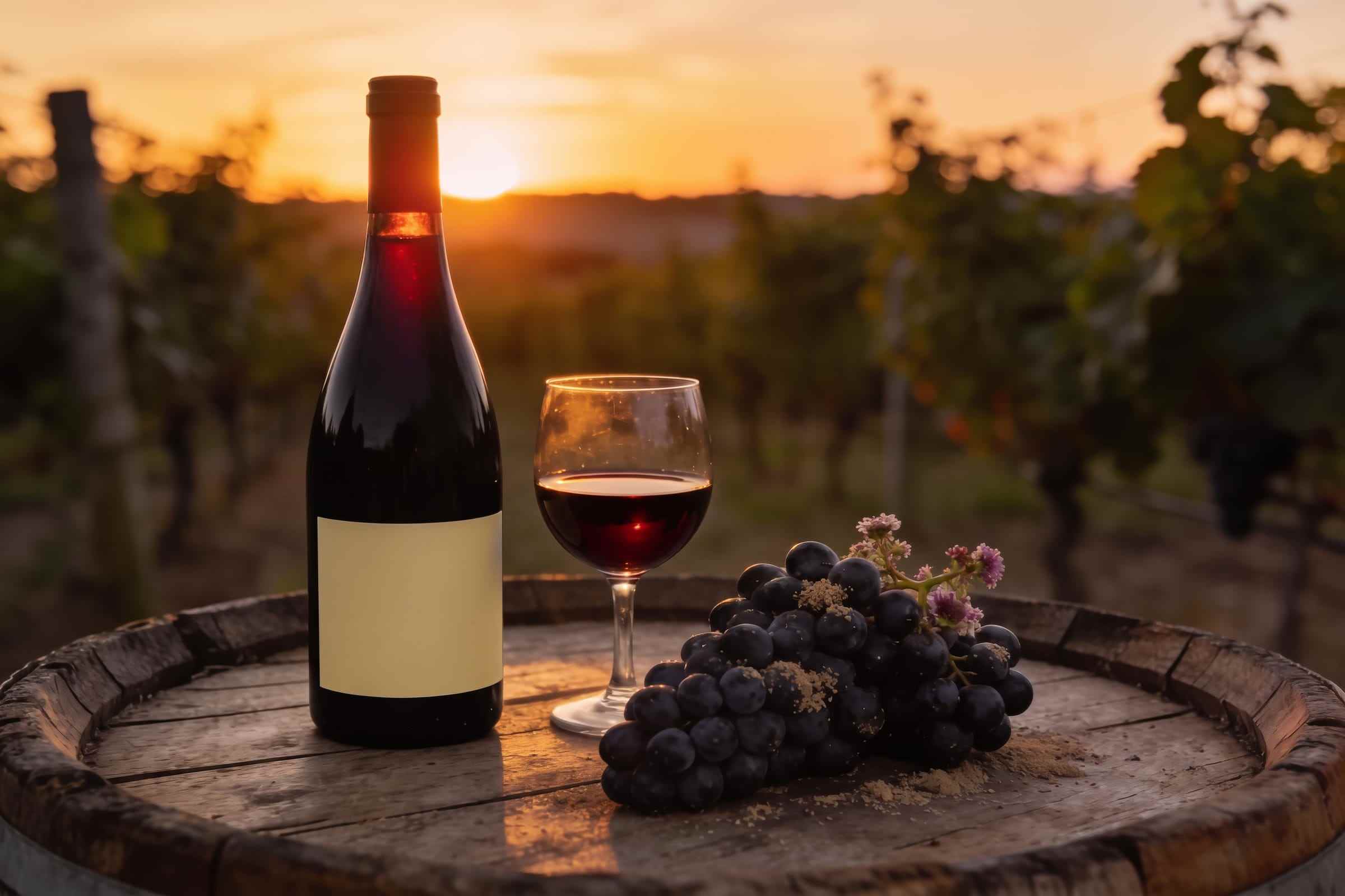 A dark bottle of red wine with a plain label and a glass of deep garnet syrah on a barrel head at sunset, a cluster of dark grapes beside it.