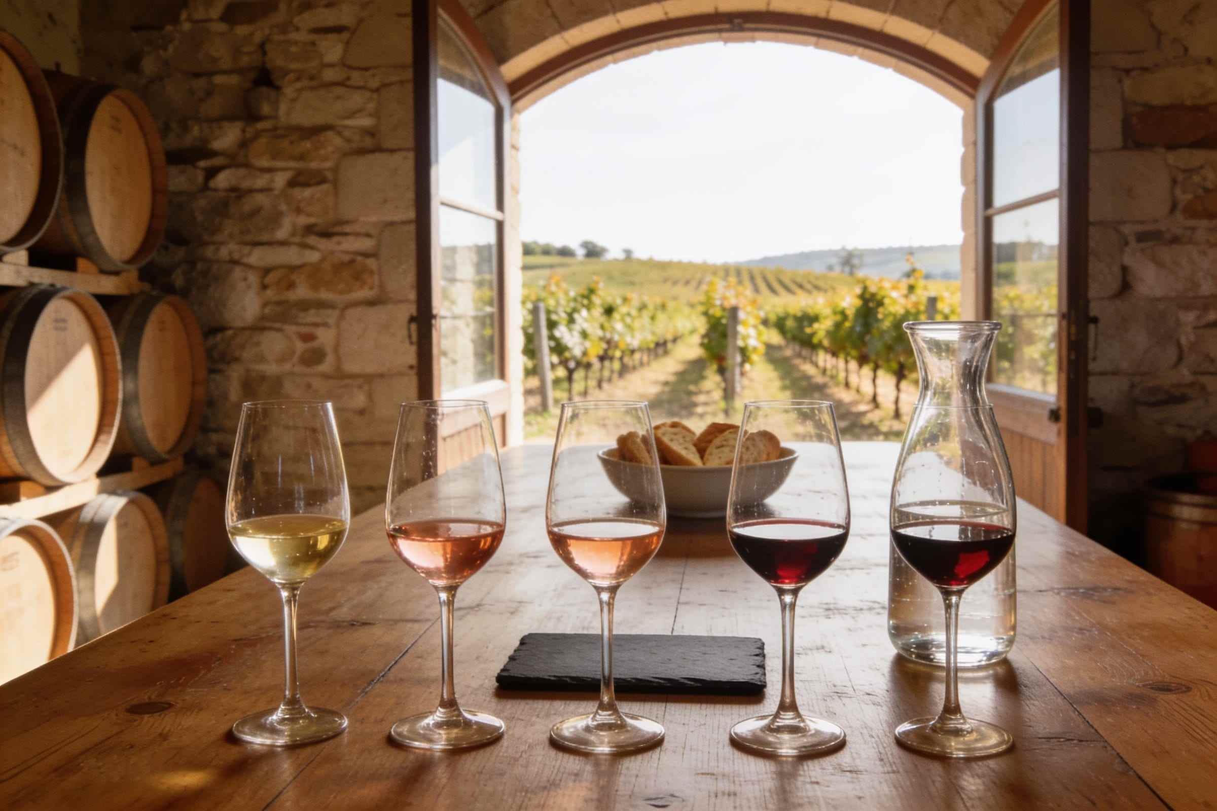 A flight of five wines from pale white to deep red on a long oak counter, the vineyard seen through an arched window behind.