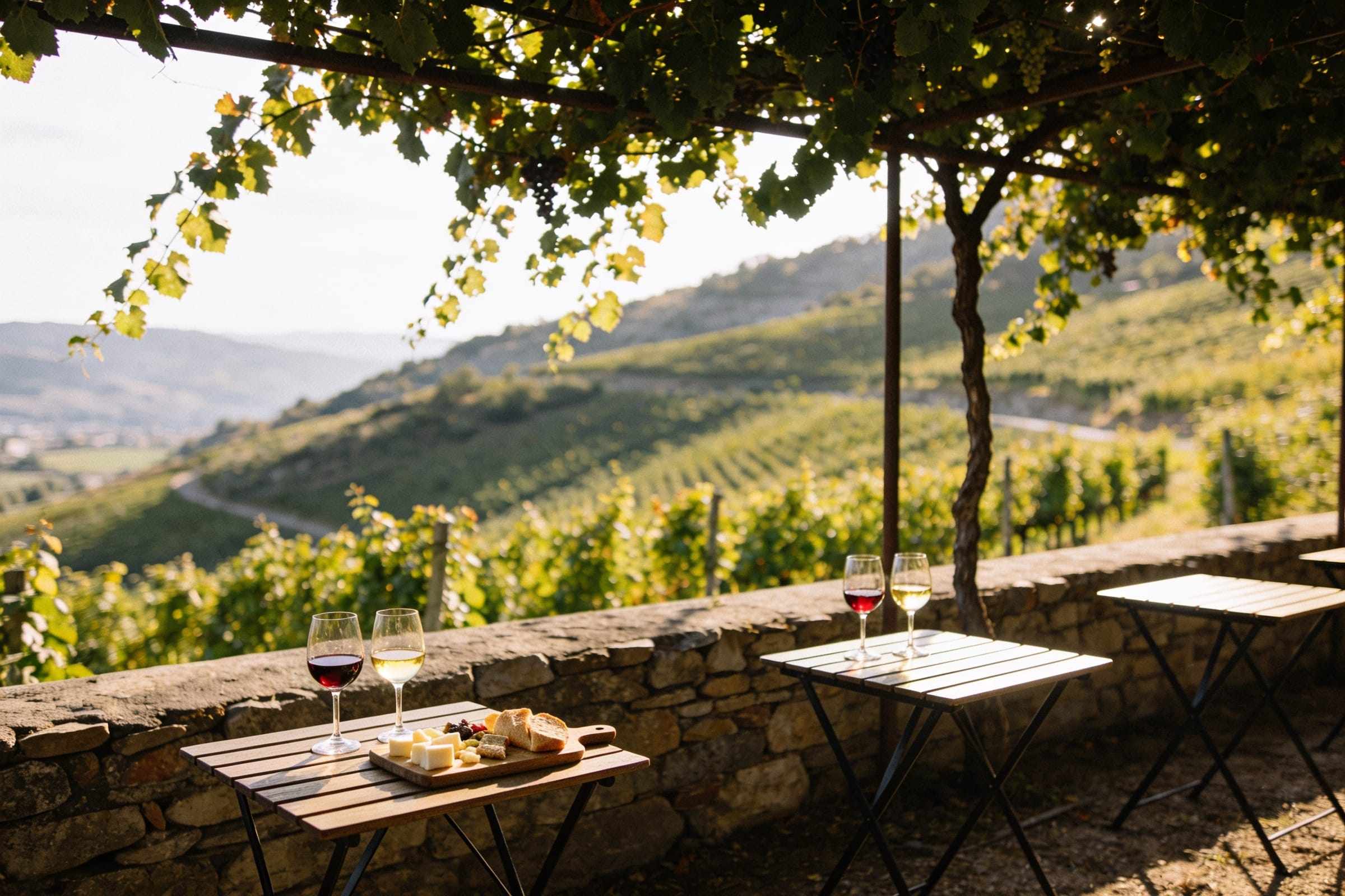 Small tables with wine under a vine-covered pergola, the vineyard beyond a stone wall.