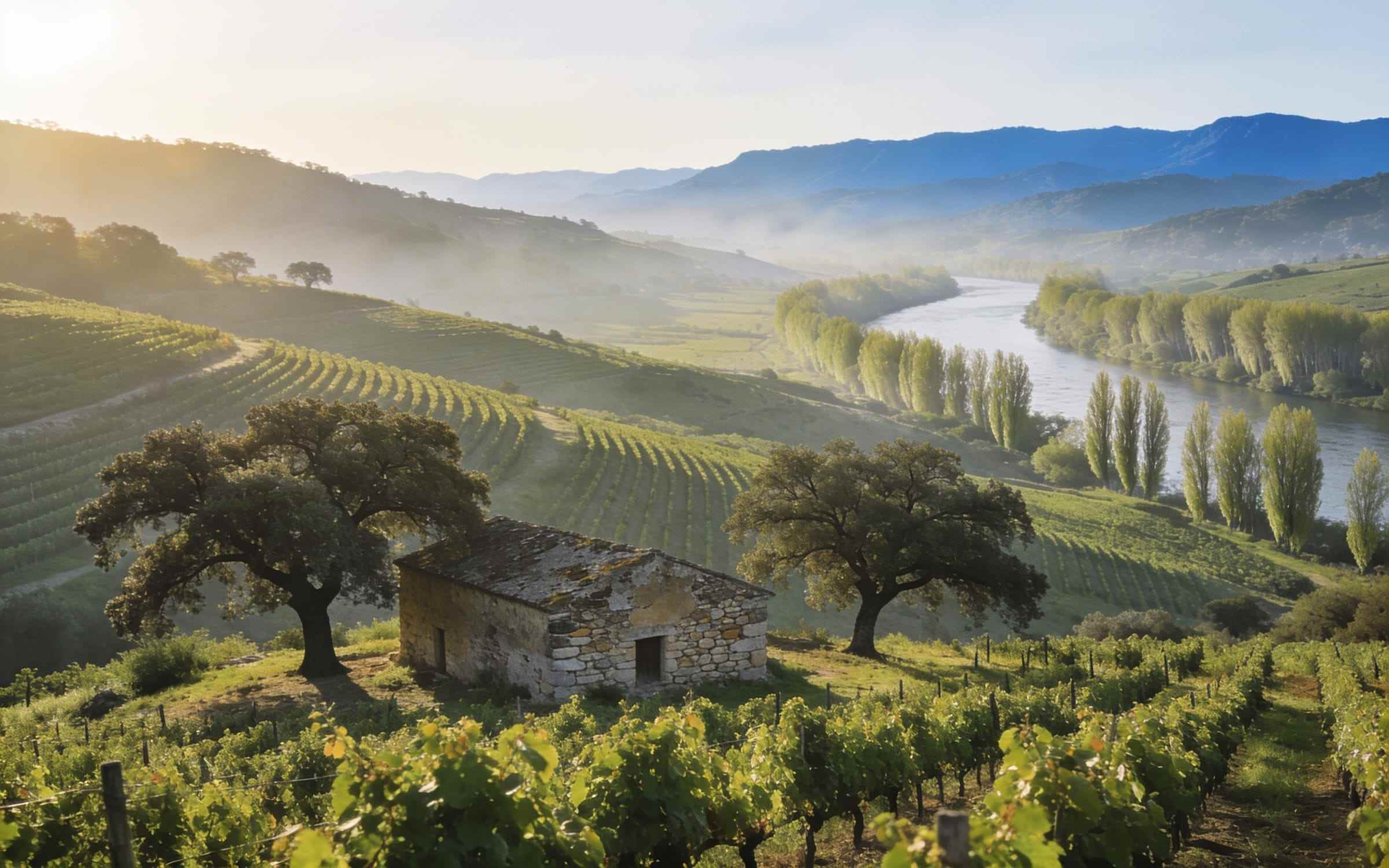 The Sorrel Valley from the hillside in morning haze: rows of vines following the contours, a small stone barn among oaks and a line of willows along the creek.