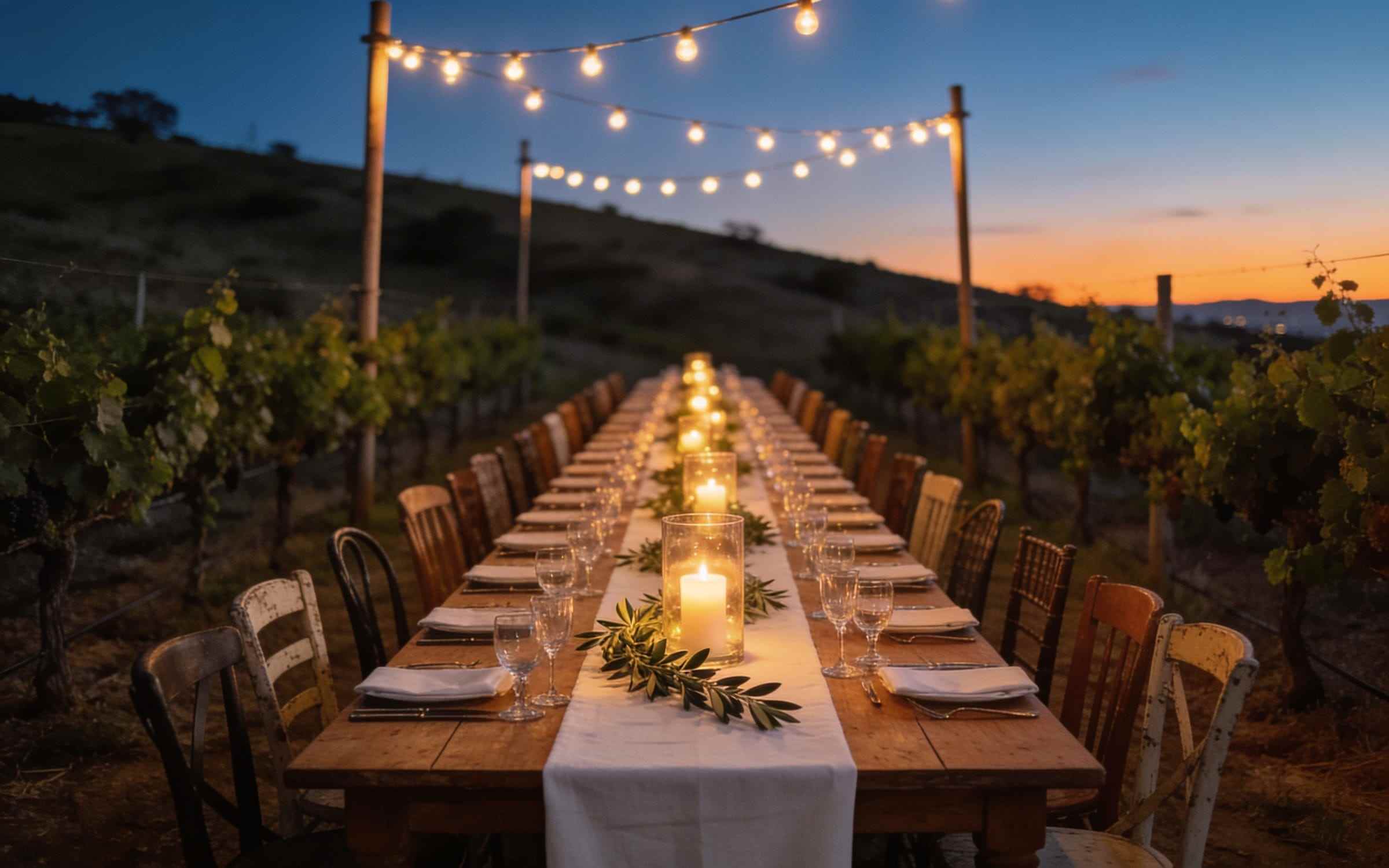 A long wedding table set between two rows of vines at dusk, candles in glass and olive branches along a linen runner, festoon lights glowing above.